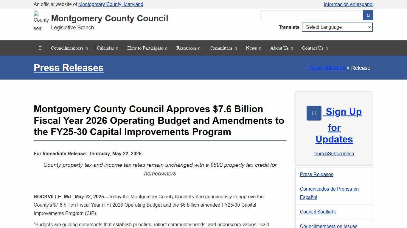 Montgomery County Council Approves $7.6 Billion Fiscal Year 2026 Operating Budget and Amendments to the FY25-30 Capital Improvements Program