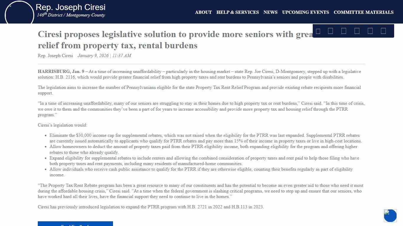 Ciresi proposes legislative solution to provide more seniors with greater financial relief from property tax, rental burdens