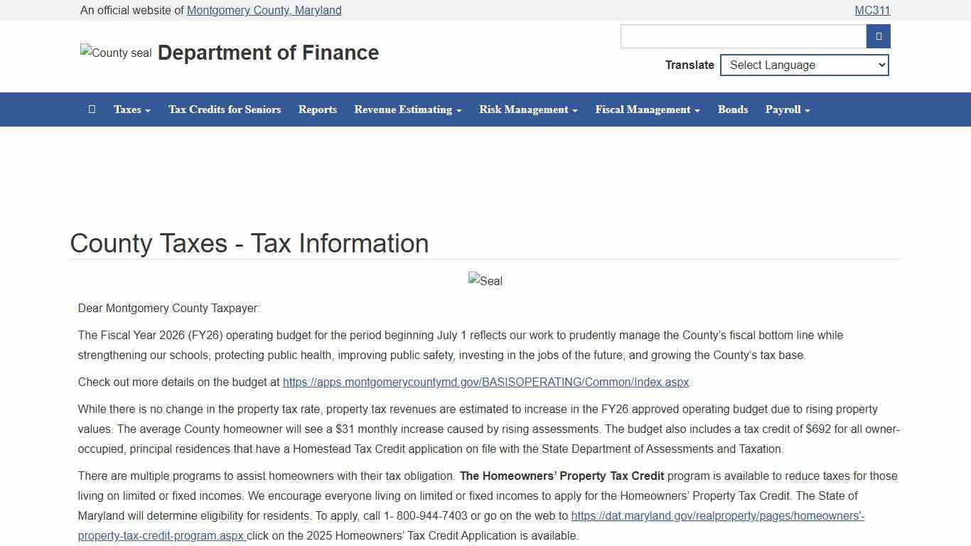 Dept of Finance - County Taxes Information